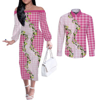 Pink Hawaii Palaka Couples Matching Off The Shoulder Long Sleeve Dress and Long Sleeve Button Shirt Maile Pikake Honohono Orchid Lei LT05 Pink - Polynesian Pride