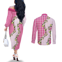 Pink Hawaii Palaka Couples Matching Off The Shoulder Long Sleeve Dress and Long Sleeve Button Shirt Maile Pikake Honohono Orchid Lei LT05 - Polynesian Pride