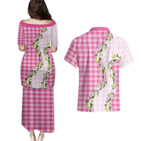 Pink Hawaii Palaka Couples Matching Puletasi and Hawaiian Shirt Maile Pikake Honohono Orchid Lei LT05 - Polynesian Pride
