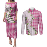 Pink Hawaii Palaka Couples Matching Puletasi and Long Sleeve Button Shirt Maile Pikake Honohono Orchid Lei LT05 Pink - Polynesian Pride