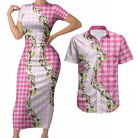 Pink Hawaii Palaka Couples Matching Short Sleeve Bodycon Dress and Hawaiian Shirt Maile Pikake Honohono Orchid Lei LT05 Pink - Polynesian Pride