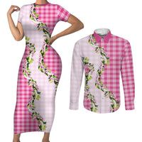 Pink Hawaii Palaka Couples Matching Short Sleeve Bodycon Dress and Long Sleeve Button Shirt Maile Pikake Honohono Orchid Lei LT05 Pink - Polynesian Pride