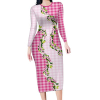 Pink Hawaii Palaka Family Matching Long Sleeve Bodycon Dress and Hawaiian Shirt Maile Pikake Honohono Orchid Lei LT05 Mom's Dress Pink - Polynesian Pride