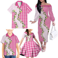 Pink Hawaii Palaka Family Matching Off The Shoulder Long Sleeve Dress and Hawaiian Shirt Maile Pikake Honohono Orchid Lei LT05 - Polynesian Pride
