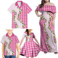 Pink Hawaii Palaka Family Matching Off Shoulder Maxi Dress and Hawaiian Shirt Maile Pikake Honohono Orchid Lei LT05 - Polynesian Pride