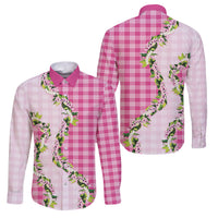 Pink Hawaii Palaka Family Matching Off Shoulder Maxi Dress and Hawaiian Shirt Maile Pikake Honohono Orchid Lei LT05 Dad's Shirt - Long Sleeve Pink - Polynesian Pride