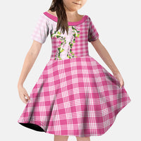 Pink Hawaii Palaka Family Matching Off Shoulder Short Dress and Hawaiian Shirt Maile Pikake Honohono Orchid Lei LT05 Daughter's Dress Pink - Polynesian Pride