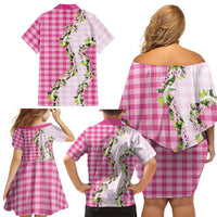 Pink Hawaii Palaka Family Matching Off Shoulder Short Dress and Hawaiian Shirt Maile Pikake Honohono Orchid Lei LT05 Mom's Dress Pink - Polynesian Pride