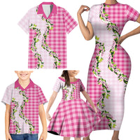Pink Hawaii Palaka Family Matching Short Sleeve Bodycon Dress and Hawaiian Shirt Maile Pikake Honohono Orchid Lei LT05 - Polynesian Pride