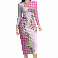 Pink Hawaii Palaka Long Sleeve Bodycon Dress Maile Pikake Honohono Orchid Lei LT05 Long Dress Pink - Polynesian Pride