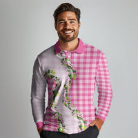 Pink Hawaii Palaka Long Sleeve Polo Shirt Maile Pikake Honohono Orchid Lei
