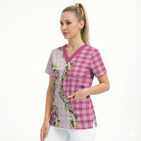 Pink Hawaii Palaka Scrub Top Maile Pikake Honohono Orchid Lei LT05 - Polynesian Pride