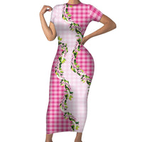 Pink Hawaii Palaka Short Sleeve Bodycon Dress Maile Pikake Honohono Orchid Lei LT05 Long Dress Pink - Polynesian Pride