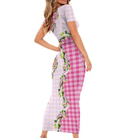 Pink Hawaii Palaka Short Sleeve Bodycon Dress Maile Pikake Honohono Orchid Lei LT05 - Polynesian Pride