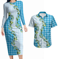 Blue Hawaii Palaka Couples Matching Long Sleeve Bodycon Dress and Hawaiian Shirt Maile Pikake Honohono Orchid Lei LT05 Blue - Polynesian Pride