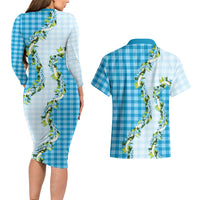 Blue Hawaii Palaka Couples Matching Long Sleeve Bodycon Dress and Hawaiian Shirt Maile Pikake Honohono Orchid Lei LT05 - Polynesian Pride