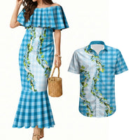 Blue Hawaii Palaka Couples Matching Mermaid Dress and Hawaiian Shirt Maile Pikake Honohono Orchid Lei LT05 Blue - Polynesian Pride