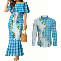 Blue Hawaii Palaka Couples Matching Mermaid Dress and Long Sleeve Button Shirt Maile Pikake Honohono Orchid Lei LT05 Blue - Polynesian Pride