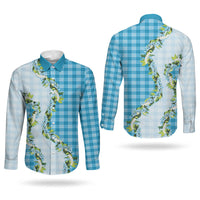 Blue Hawaii Palaka Couples Matching Mermaid Dress and Long Sleeve Button Shirt Maile Pikake Honohono Orchid Lei LT05 - Polynesian Pride