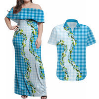 Blue Hawaii Palaka Couples Matching Off Shoulder Maxi Dress and Hawaiian Shirt Maile Pikake Honohono Orchid Lei LT05 Blue - Polynesian Pride