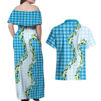 Blue Hawaii Palaka Couples Matching Off Shoulder Maxi Dress and Hawaiian Shirt Maile Pikake Honohono Orchid Lei LT05 - Polynesian Pride