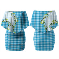 Blue Hawaii Palaka Couples Matching Off Shoulder Short Dress and Hawaiian Shirt Maile Pikake Honohono Orchid Lei LT05 - Polynesian Pride