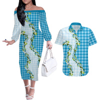 Blue Hawaii Palaka Couples Matching Off The Shoulder Long Sleeve Dress and Hawaiian Shirt Maile Pikake Honohono Orchid Lei LT05 Blue - Polynesian Pride