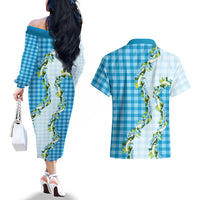 Blue Hawaii Palaka Couples Matching Off The Shoulder Long Sleeve Dress and Hawaiian Shirt Maile Pikake Honohono Orchid Lei LT05 - Polynesian Pride