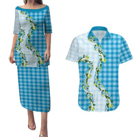 Blue Hawaii Palaka Couples Matching Puletasi and Hawaiian Shirt Maile Pikake Honohono Orchid Lei LT05 Blue - Polynesian Pride