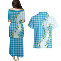 Blue Hawaii Palaka Couples Matching Puletasi and Hawaiian Shirt Maile Pikake Honohono Orchid Lei LT05 - Polynesian Pride