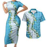 Blue Hawaii Palaka Couples Matching Short Sleeve Bodycon Dress and Hawaiian Shirt Maile Pikake Honohono Orchid Lei LT05 Blue - Polynesian Pride