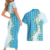 Blue Hawaii Palaka Couples Matching Short Sleeve Bodycon Dress and Hawaiian Shirt Maile Pikake Honohono Orchid Lei LT05 - Polynesian Pride