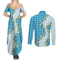 Blue Hawaii Palaka Couples Matching Summer Maxi Dress and Long Sleeve Button Shirt Maile Pikake Honohono Orchid Lei LT05 - Polynesian Pride