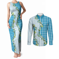 Blue Hawaii Palaka Couples Matching Tank Maxi Dress and Long Sleeve Button Shirt Maile Pikake Honohono Orchid Lei LT05 Blue - Polynesian Pride