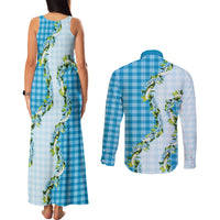 Blue Hawaii Palaka Couples Matching Tank Maxi Dress and Long Sleeve Button Shirt Maile Pikake Honohono Orchid Lei LT05 - Polynesian Pride