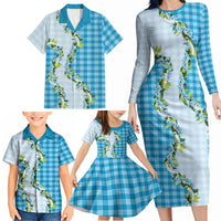 Blue Hawaii Palaka Family Matching Long Sleeve Bodycon Dress and Hawaiian Shirt Maile Pikake Honohono Orchid Lei LT05 - Polynesian Pride
