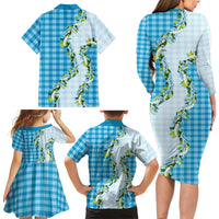 Blue Hawaii Palaka Family Matching Long Sleeve Bodycon Dress and Hawaiian Shirt Maile Pikake Honohono Orchid Lei LT05 Mom's Dress Blue - Polynesian Pride