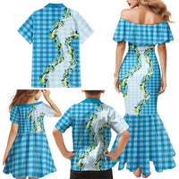 Blue Hawaii Palaka Family Matching Mermaid Dress and Hawaiian Shirt Maile Pikake Honohono Orchid Lei LT05 Mom's Dress Blue - Polynesian Pride