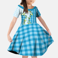Blue Hawaii Palaka Family Matching Off The Shoulder Long Sleeve Dress and Hawaiian Shirt Maile Pikake Honohono Orchid Lei LT05 Daughter's Dress Blue - Polynesian Pride