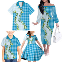 Blue Hawaii Palaka Family Matching Off The Shoulder Long Sleeve Dress and Hawaiian Shirt Maile Pikake Honohono Orchid Lei LT05 - Polynesian Pride