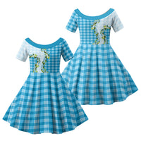 Blue Hawaii Palaka Family Matching Off The Shoulder Long Sleeve Dress and Hawaiian Shirt Maile Pikake Honohono Orchid Lei LT05 Daughter's Dress Blue - Polynesian Pride