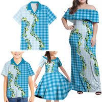 Blue Hawaii Palaka Family Matching Off Shoulder Maxi Dress and Hawaiian Shirt Maile Pikake Honohono Orchid Lei LT05 - Polynesian Pride