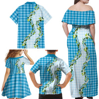 Blue Hawaii Palaka Family Matching Off Shoulder Maxi Dress and Hawaiian Shirt Maile Pikake Honohono Orchid Lei LT05 Mom's Dress Blue - Polynesian Pride