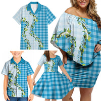 Blue Hawaii Palaka Family Matching Off Shoulder Short Dress and Hawaiian Shirt Maile Pikake Honohono Orchid Lei LT05 - Polynesian Pride
