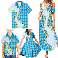 Blue Hawaii Palaka Family Matching Summer Maxi Dress and Hawaiian Shirt Maile Pikake Honohono Orchid Lei LT05 - Polynesian Pride