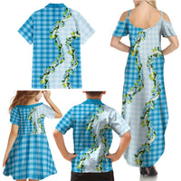 Blue Hawaii Palaka Family Matching Summer Maxi Dress and Hawaiian Shirt Maile Pikake Honohono Orchid Lei LT05 Mom's Dress Blue - Polynesian Pride