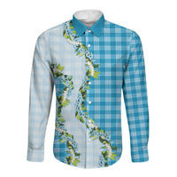 Blue Hawaii Palaka Long Sleeve Button Shirt Maile Pikake Honohono Orchid Lei LT05 Unisex Blue - Polynesian Pride