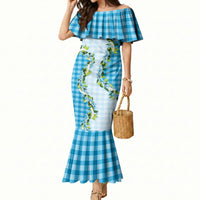 Blue Hawaii Palaka Mermaid Dress Maile Pikake Honohono Orchid Lei LT05 Women Blue - Polynesian Pride