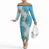Blue Hawaii Palaka Off The Shoulder Long Sleeve Dress Maile Pikake Honohono Orchid Lei LT05 Women Blue - Polynesian Pride