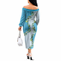 Blue Hawaii Palaka Off The Shoulder Long Sleeve Dress Maile Pikake Honohono Orchid Lei LT05 - Polynesian Pride